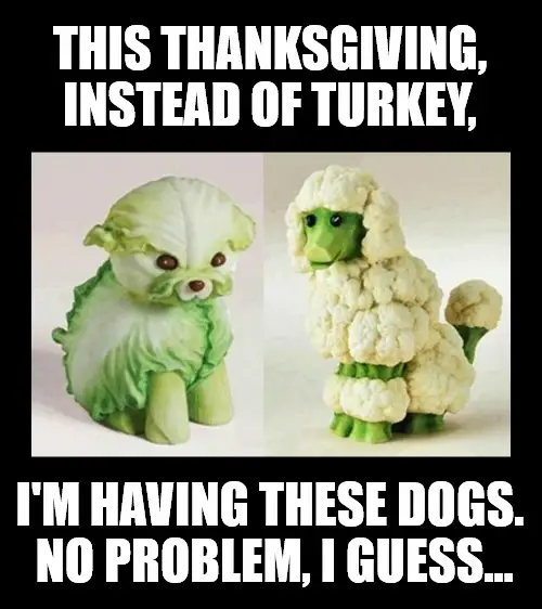 Funny Vegan Thanksgiving Vegetable dog sculptures Meme.