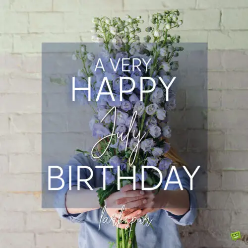 Happy birthday image for those born in July, with beautiful larkspurs. | Birthday Wishes Expert Birthday wish on image with roses for those born in July.