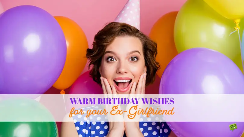 Featured image for a blog post with birthday wishes for ex girlfriend. The image includes a beautiful woman and colorful balloons.