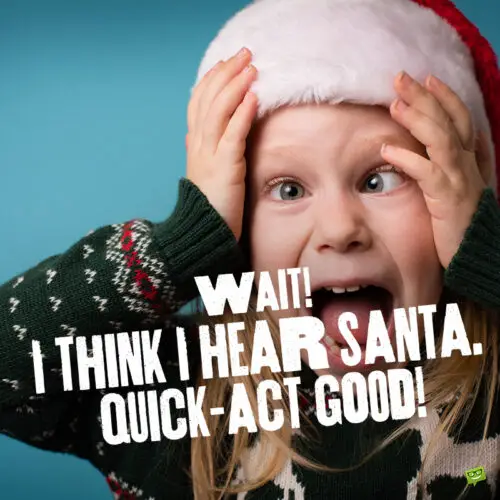 Funny Christmas caption on image with funny girl wearing ugly sweater and Santa's hat. Funny Christmas caption for your photo posts.