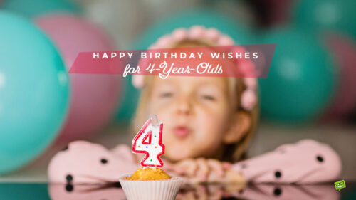Featured image for a blog post with a collection of birthday wishes for 4th birthday. The image features a cupcake with a candle on it that is formed in the shape of number 4.