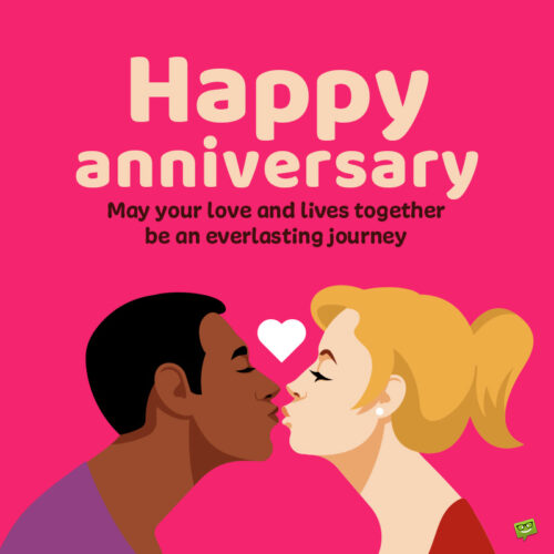 Wish for wedding anniversary on image with illustration of couple.