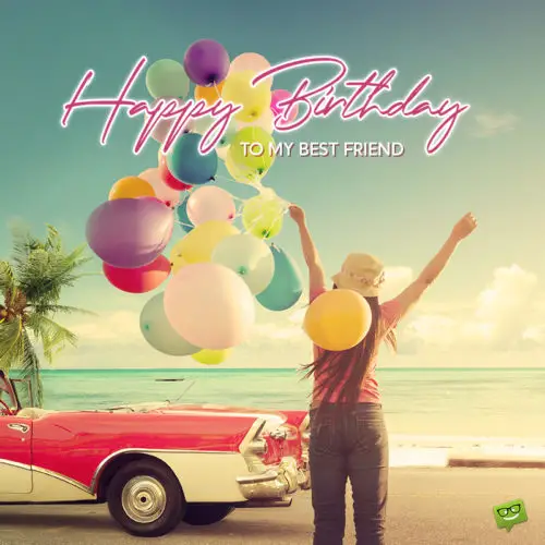 Birthday image for best friend with woman holding colorful balloons in front of vintage card by the ocean. | Birthday Wishes Expert Birthday image for best friend.