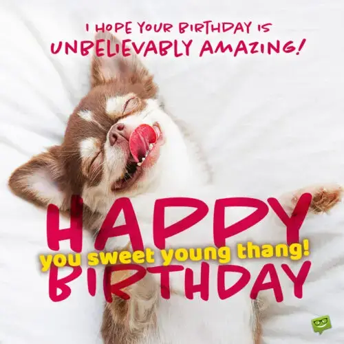 funny birthday message on image with cute dog.