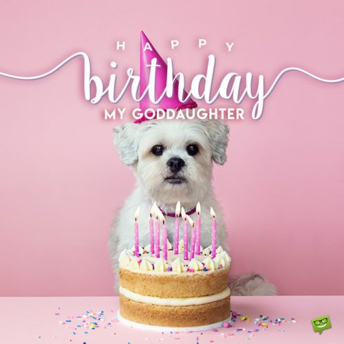 Cute birthday image for goddaughter with dog in front of a cake with candles. Cute birthday image for goddaughter.