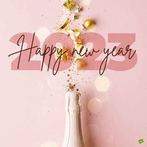 Happy New Year image with champagne on pink background.