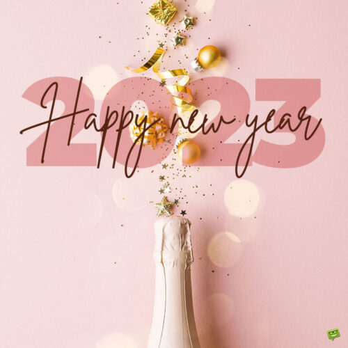 Happy New Year image for 2023 with cute girl holding a sparkle. Happy New Year image with champagne on pink background.
