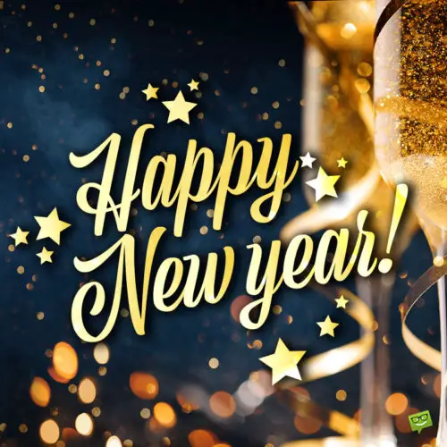 Happy new year image with champagne, stardust and garlands. Happy New Year image for chats, posts and status updates.