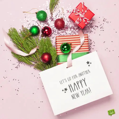 Happy new year image with gifts and baubles. Happy New Year image to use on chats, messages, emails and social media.