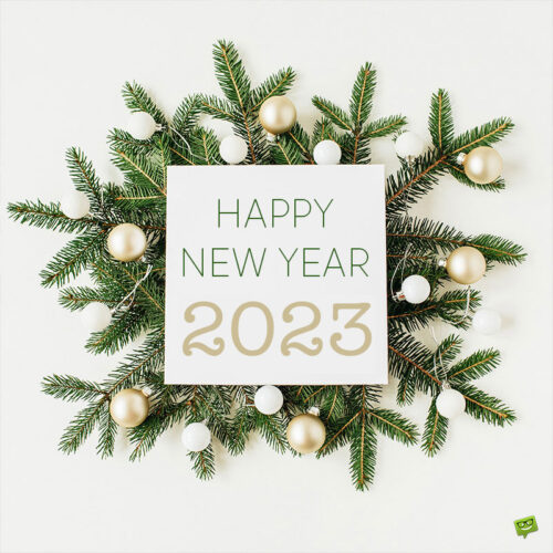 Happy New Year image with Christmas leaves.