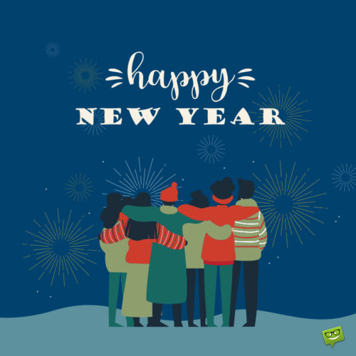 Happy New Year image with illustration of a group of friends watching fireworks. Happy New Year image for friends.