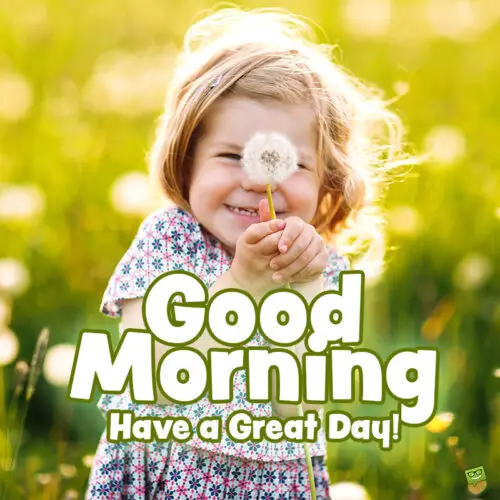 Good morning image with flowers and a cute kid holding a dandelion.