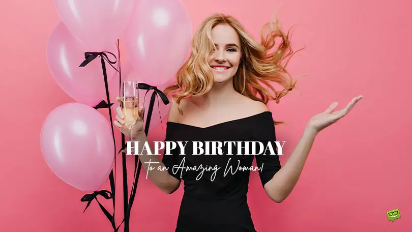 Featured image for a blog post with birthday wishes for a woman. The image features an attractive young woman drinking champagne in frond of a background with pink balloons.