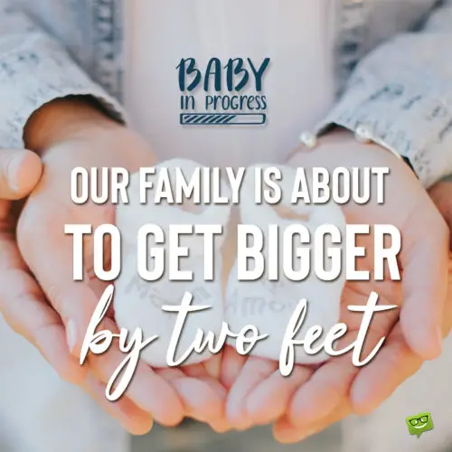 Sweet pregnancy announcement image with parent | Birthday Wishes Expert's hands holding baby shoes. Pregnancy announcement quote on image for easy sharing.