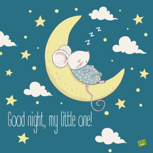 Cute good night image with an illustration of a little mouse sleeping peacefully on the moon.