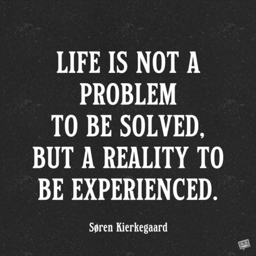 Life is not a problem to be solved, but a reality to be experienced. S&oslash;ren Kierkegaard