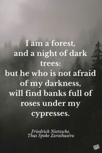 I am a forest, and a night of dark trees: but he who is not afraid of my darkness, will find banks full of roses under my cypresses. Friedrich Nietzsche, Thus Spoke Zarathustra