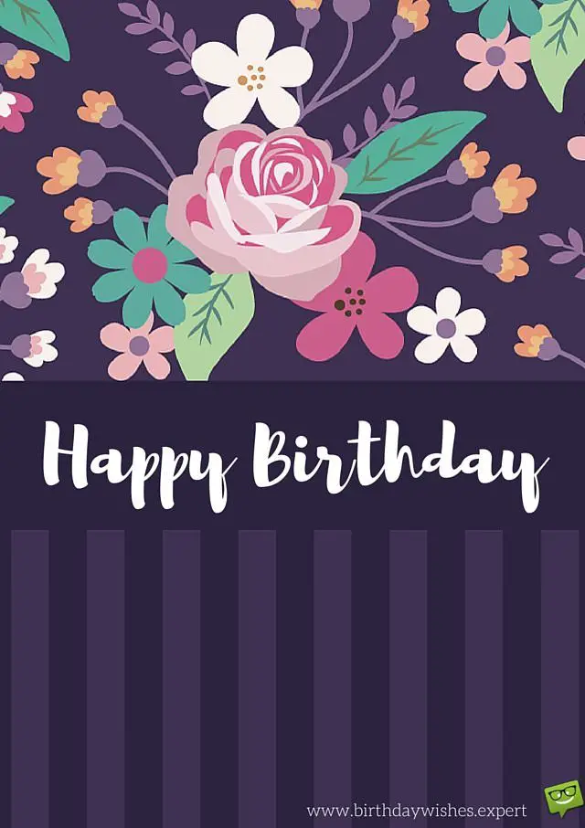 Happy Birthday Card. With floral pattern on purple background.