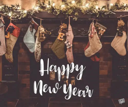 Happy New Year wish on pic with fireplace. Happy New Year.