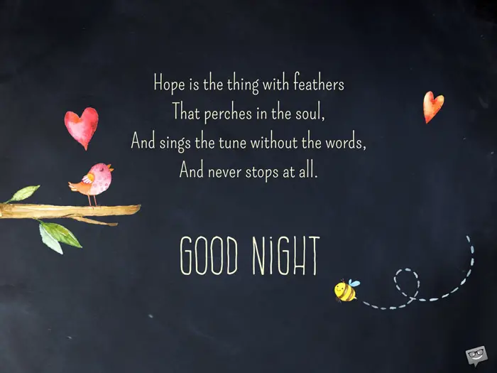 Good night image with poem by Emily Dickinson. | Birthday Wishes Expert Hope is the thing with feathers, that perches in the soul, and sings the tune without the words, and never stops at all. Good Night.