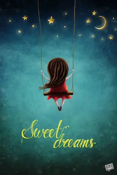 Lovable good night image with illustration of a girl on a swing amid the stars and the moon.