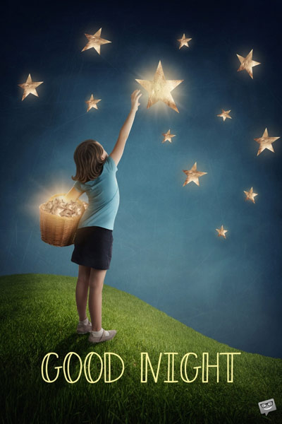 Magical good night image with a girl holding a basket full of stars.
