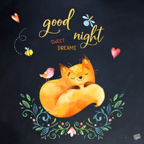 Good night image with an illustration of a cute little fox sleeping.