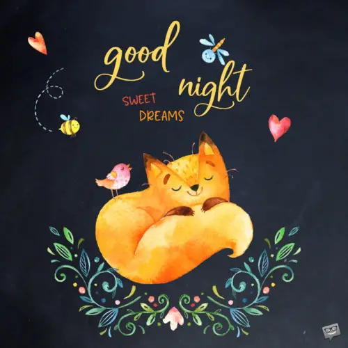 Cute good night picture with illustration of fox sleeping. | Birthday Wishes Expert Good Night. Sweet Dreams.
