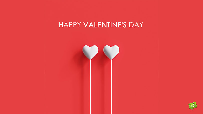 Valentine's Day Wish with two white hearts on red background.