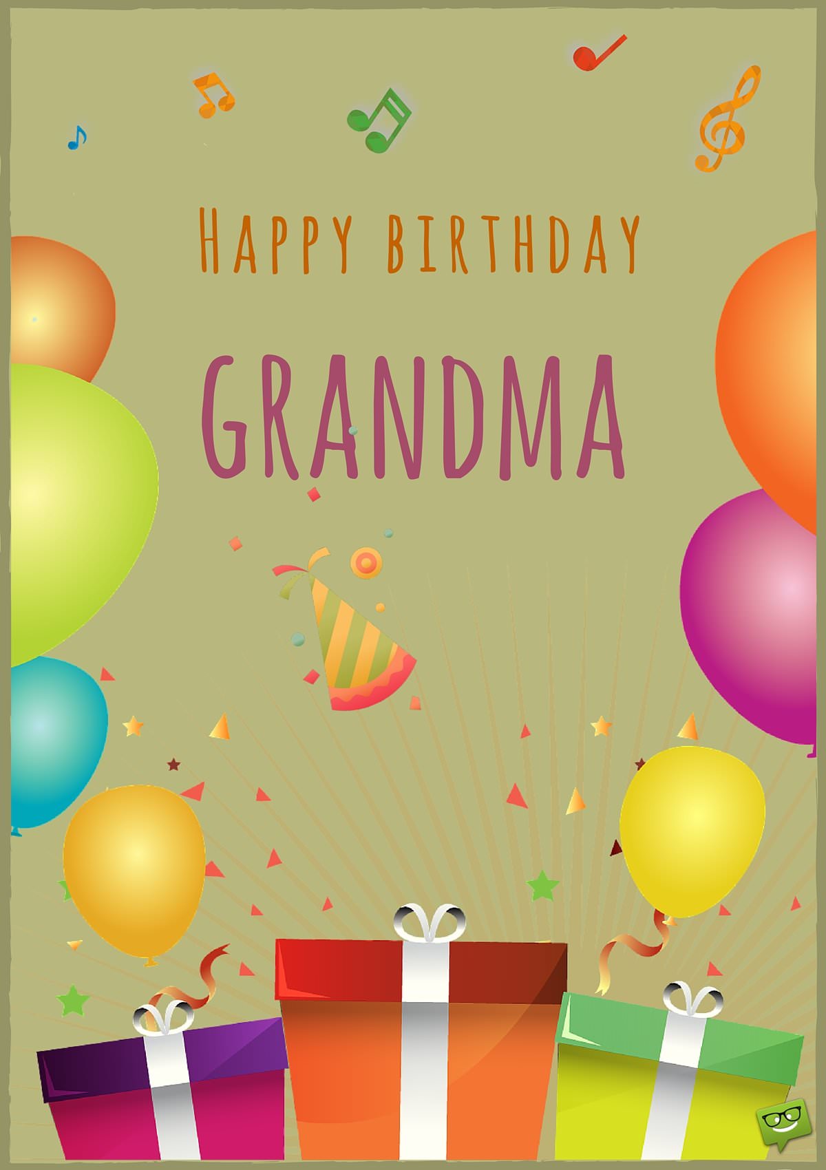 Happy Birthday card for Grandma. With image of balloons and birthday gifts.