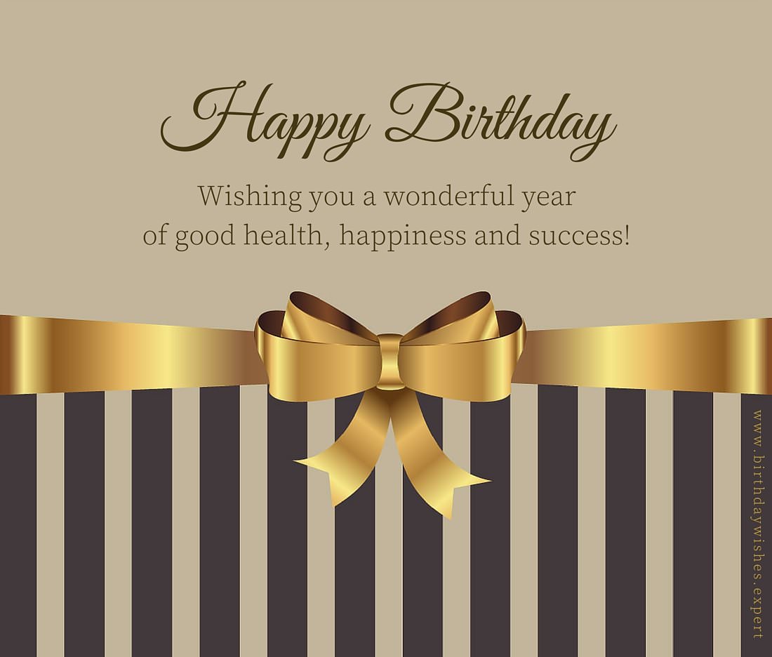 Happy Birthday wish on image with golden ribbon for formal use