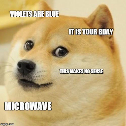 Funny happy birthday meme with cute dog. | Birthday Wishes Expert Violets are blue / it's your bday / this makes no sense / microwave.