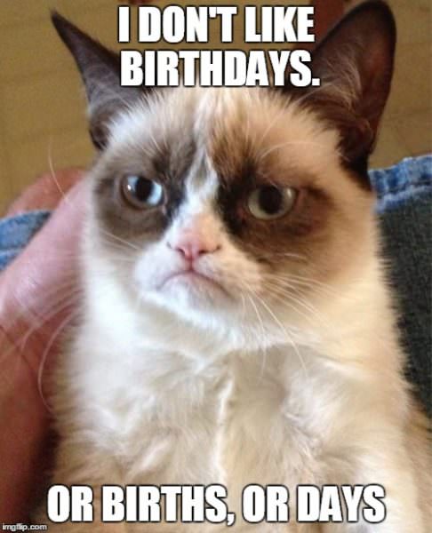 Grumpy cat Funny Birthday Meme. | Birthday Wishes Expert I don't like birthdays. Or births. Or days.