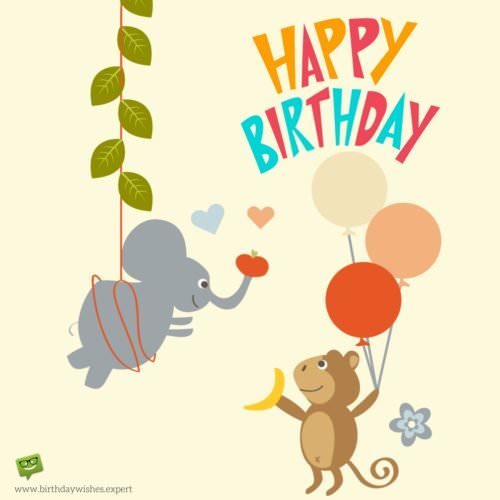 Birthday wish for children on cute image with baby elephant and a monkey. Happy Birthday!