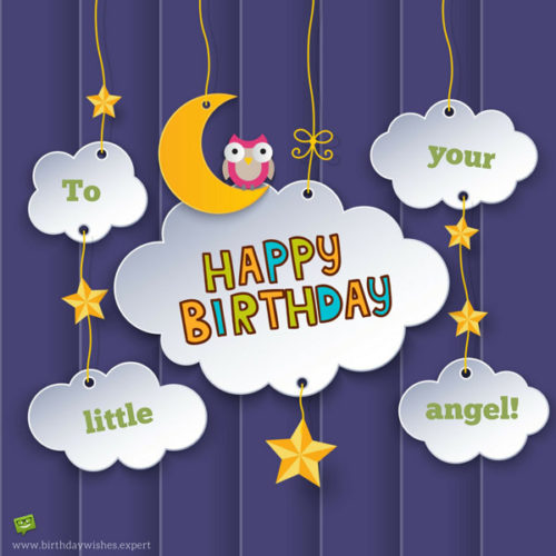 Cute birthday wish for children on image with owl and clouds. Happy Birthday to your little angel!