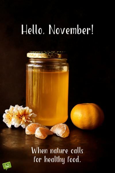 November quote on image of honey jar and fruit. | Birthday Wishes Expert Hello, November. When nature calls for healthy food.
