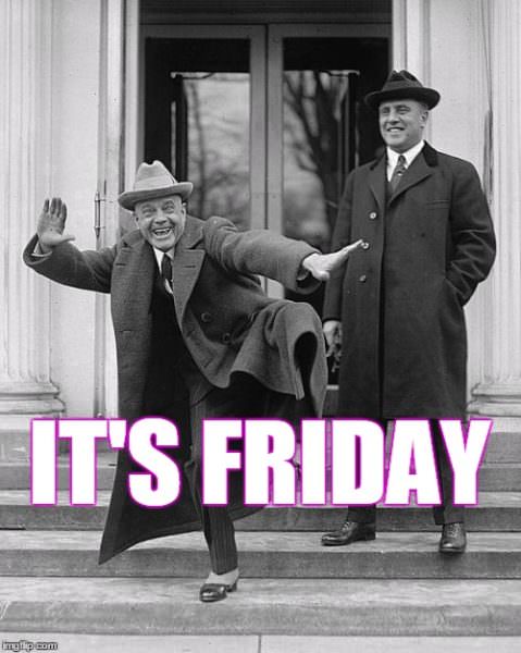 Funny Friday quote on vintage photo of man dancing. | Birthday Wishes Expert It's Friday!