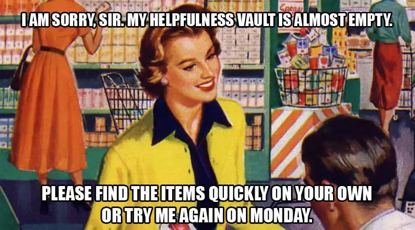 Funny Friday status update on retro image of woman in a department store. | Birthday Wishes Expert Me, on a Friday at close of business.