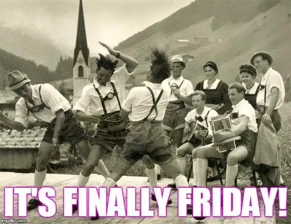Funny Friday meme on retro pic with men dancing like crazy. | Birthday Wishes Expert It's finally Friday.