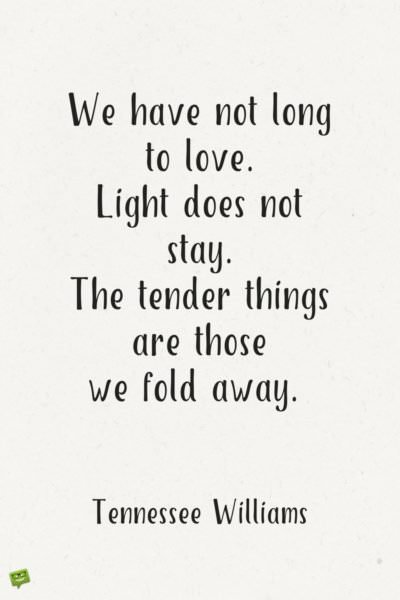 We have not long to love. Light does not stay. The tender things are those we fold away. Tennessee Williams