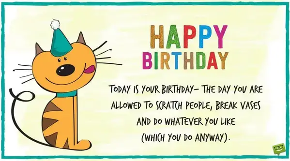 Happy Birthday! Today is your birthday- the day you are allowed to scratch people, break vases and do whatever you like (which you do anyway).