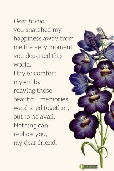 Dear friend, you snatched my happiness away from me the very moment you departed this world. I try to comfort myself by reliving those beautiful memories we shared together, but to no avail. Nothing can replace you, my dear friend. | Birthday Wishes Expert Dear friend, you snatched my happiness away from me the very moment you departed this world. I try to comfort myself by reliving those beautiful memories we shared together, but to no avail. Nothing can replace you, my dear friend.