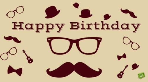 Happy Birthday to a Hipster man on picture with icons of glasses and bow tie