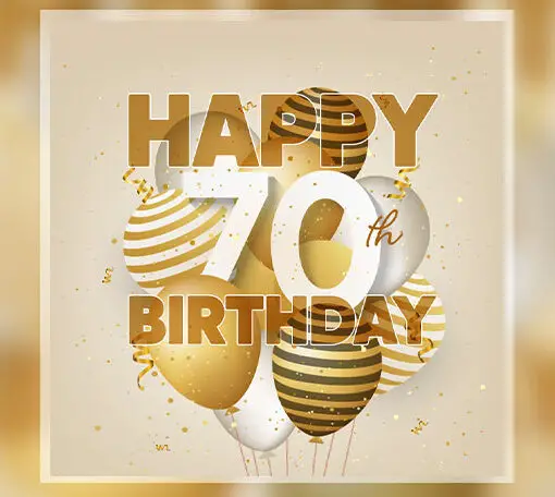 Featured image for a blog post with 70th birthday wishes. On the image there are several golden balloons.