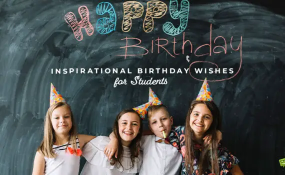 Featured image for a blog post with birthday wishes for students. On the image there are four children with party hats in front of a blackboard.