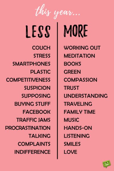 This year's less and more list. New Year's Resolutions.