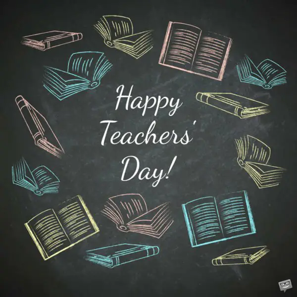Happy teachers | Birthday Wishes Expert' day wish on illustration with books drawings on blackboard. Happy Teachers' Day.