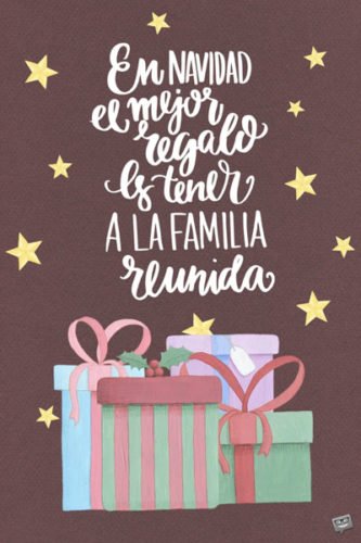 . Imagen con regalos de colores, lazos y estrellas en fondo morado para desear Feliz Navidad. En Navidad el mejor regalo es tener a la familia reunida.