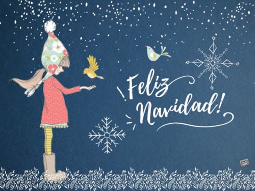 Imagen con dibujo de niña vestido rosa y pajaritos en fondo azul para desear Feliz Navidad. Feliz Navidad.