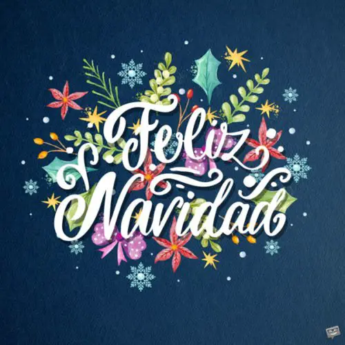 Imagen con flores, lazos y adornos de colores para desear Feliz Navidad en fondo azul marino. Feliz Navidad.